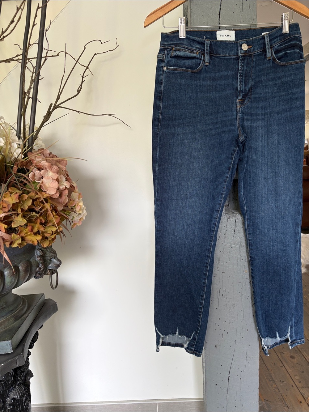 Frame Denim Dark Blue Ankle Crop Skinny Jeans with Raw Hem THE HIGH STAIGHT